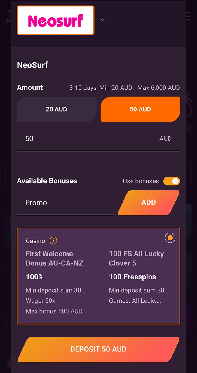 Ricky Casino Mobile Deposit Screenshot